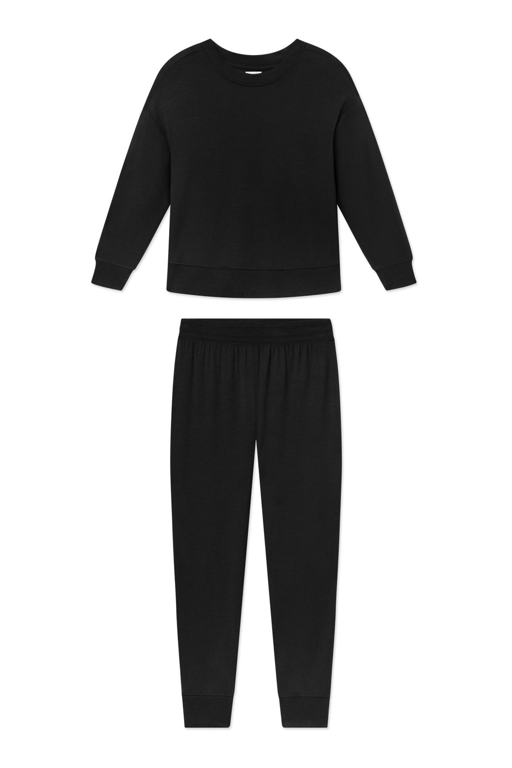 Black crewneck sweatshirt with matching jogger pants featuring ribbed cuffs and elastic waistband.