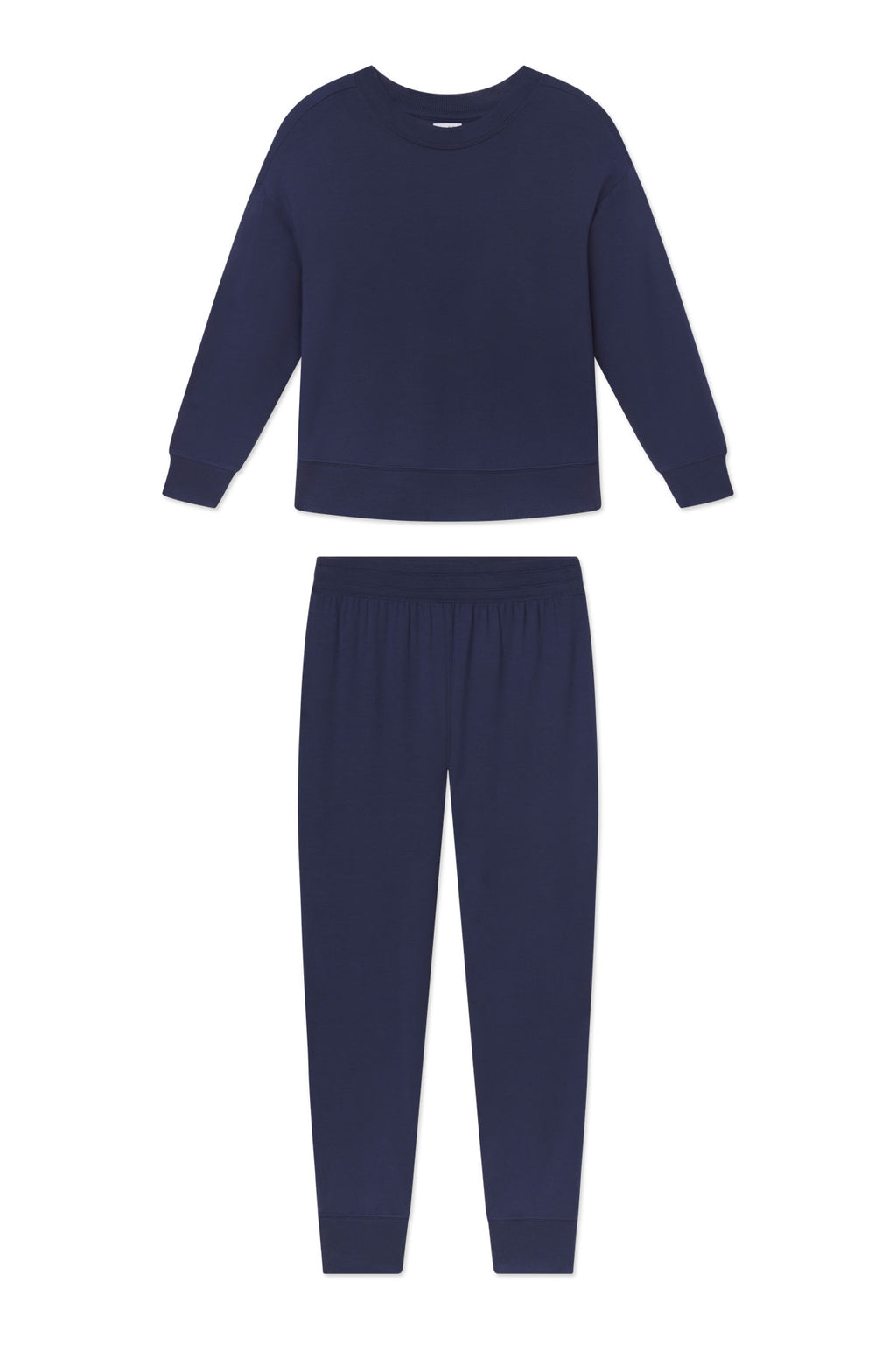 Navy crewneck sweatshirt and jogger pants set with ribbed cuffs.