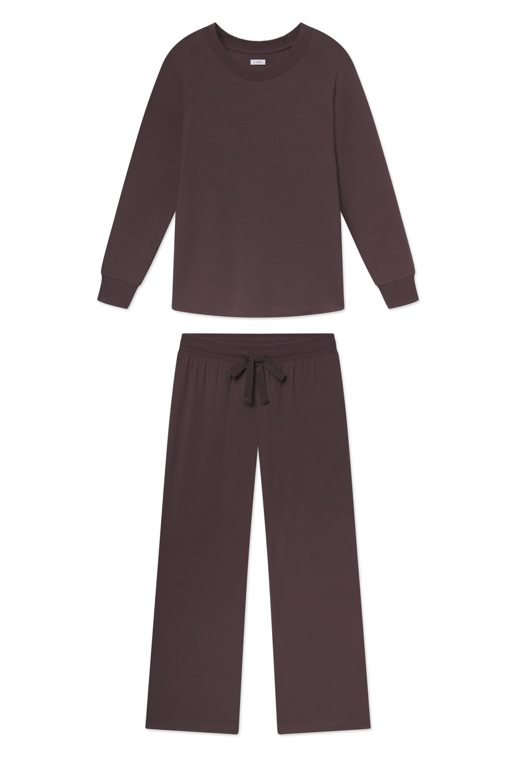 Two-piece loungewear set in dark brown consisting of a long-sleeve crew neck top and wide-leg pants with drawstring waist.