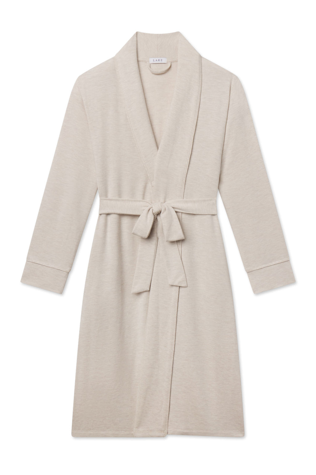 Beige heathered robe with long sleeves, shawl collar, and tied waist belt.