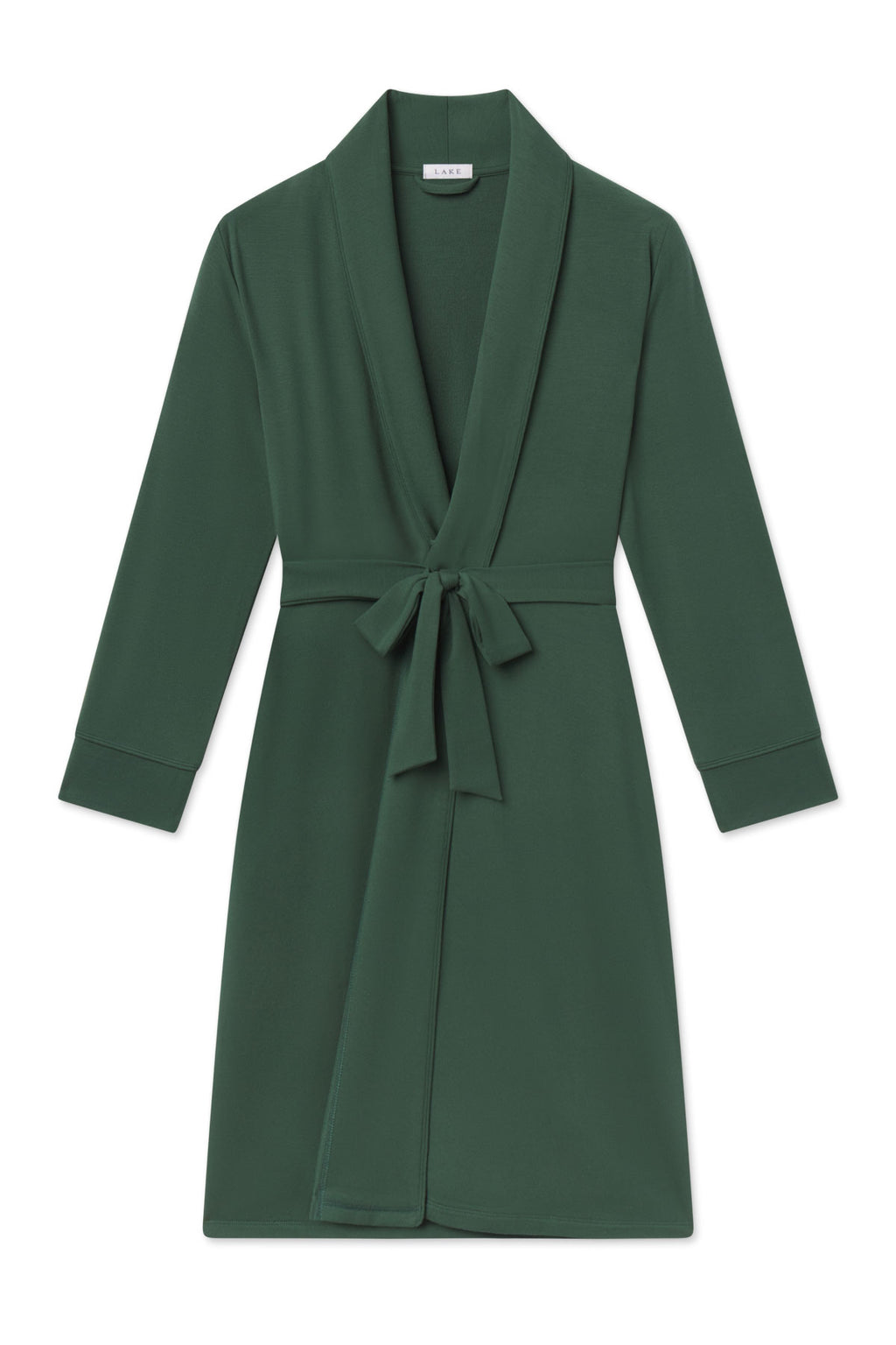 Trekking green robe with shawl collar, long sleeves, and tie waist closure.