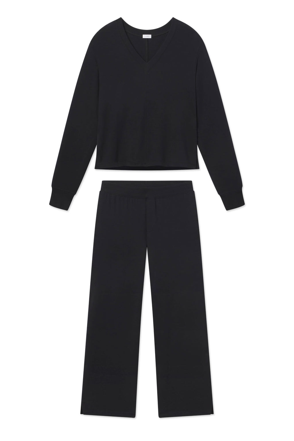 Black two-piece set with long-sleeve v-neck top and wide-leg pants.