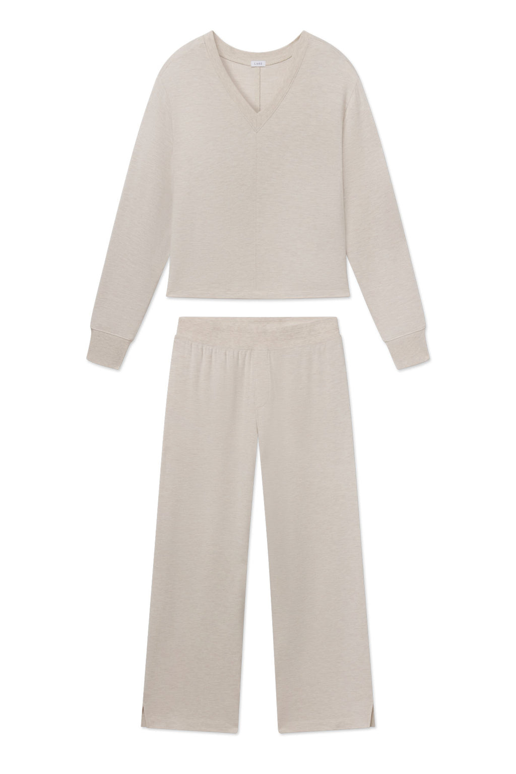 Oat heather two-piece loungewear set with V-neck long-sleeve top and wide-leg pants.