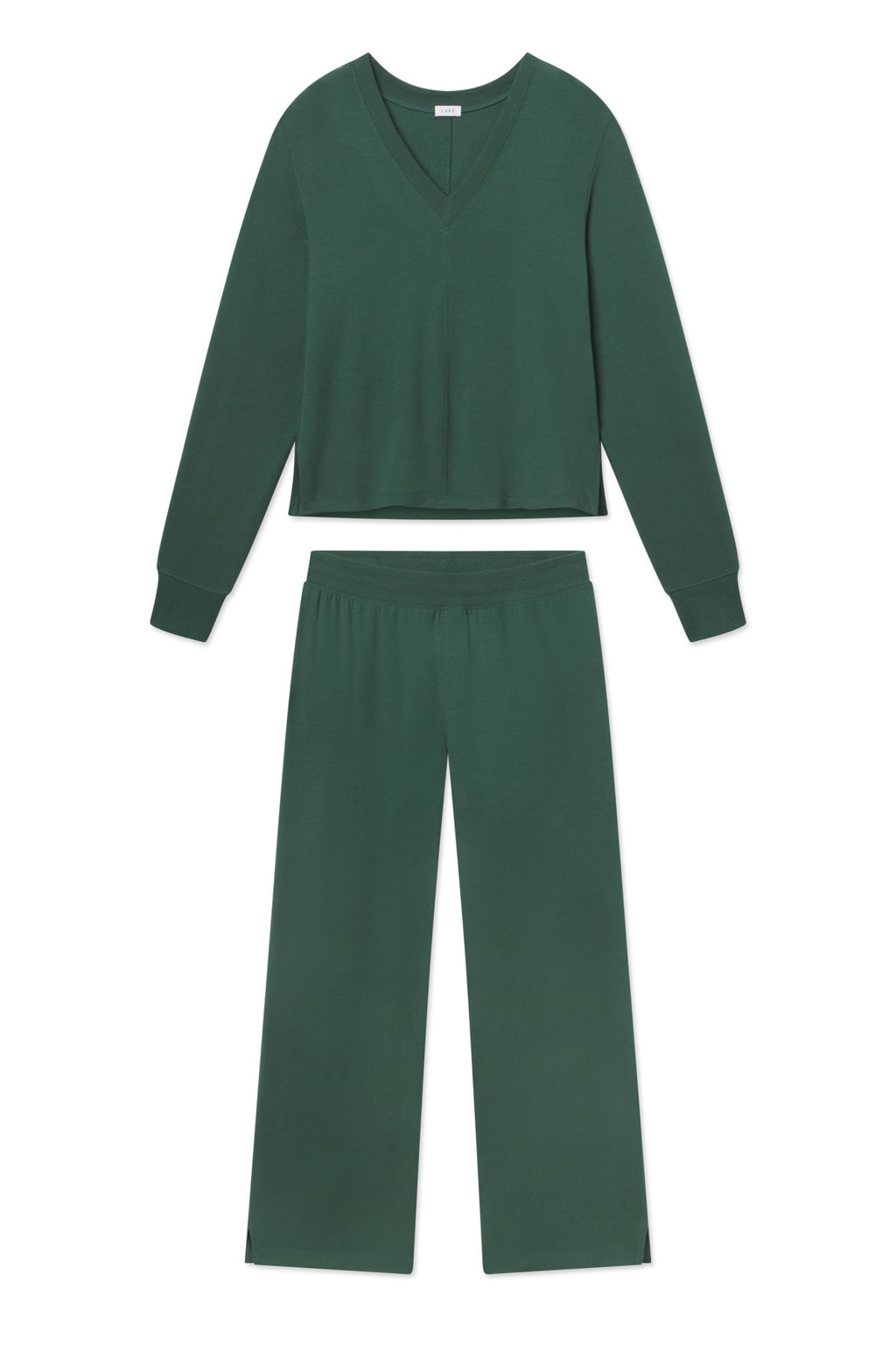 Two-piece set in dark green with long-sleeve v-neck top and wide-leg pants.