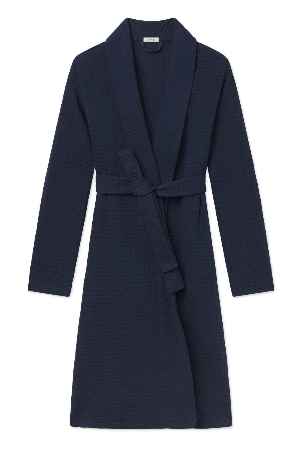 Navy spa robe with shawl collar, long sleeves, and tie waist belt.