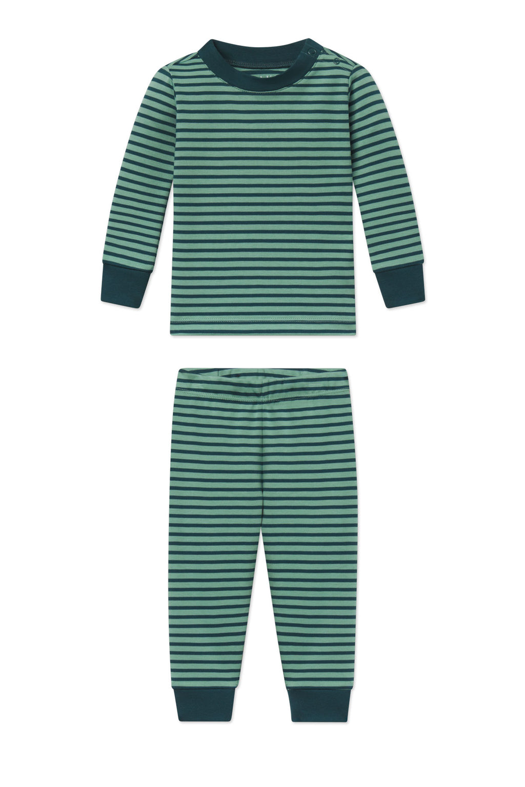 Baby two-piece pajama set with green and dark navy horizontal stripes, long sleeves, and cuffed ankles.