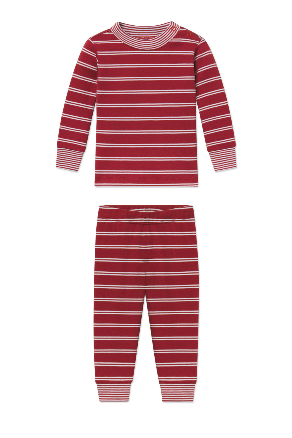 Baby two-piece set with garnet and white horizontal stripes, long-sleeved top and matching pants with ribbed cuffs.