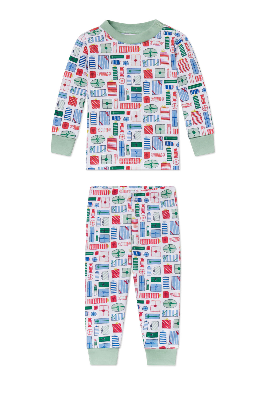 Baby two-piece pajama set with colorful gift box print and sage green ribbed cuffs.