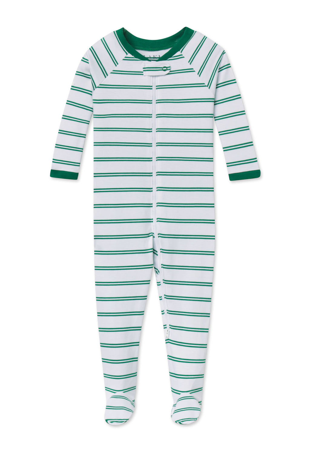 Baby sleeper with green and white horizontal stripes, long sleeves, front zipper, and enclosed feet.