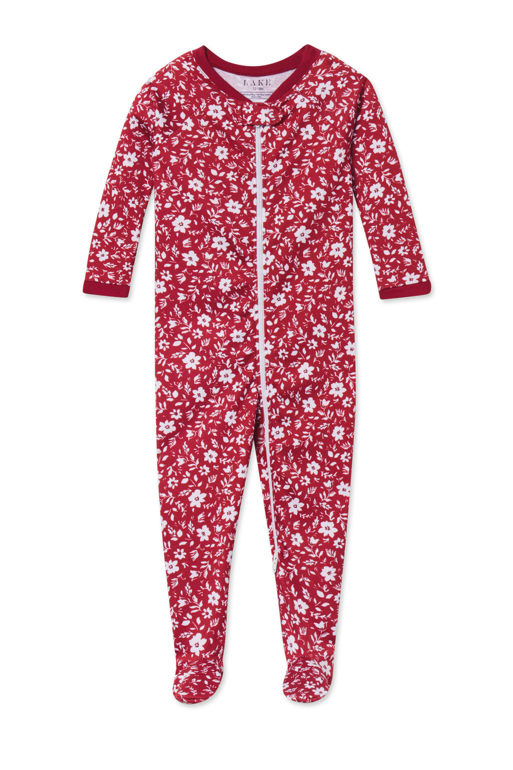 Garnet red baby sleeper with white floral and leaf pattern, front zipper, long sleeves, and attached feet.