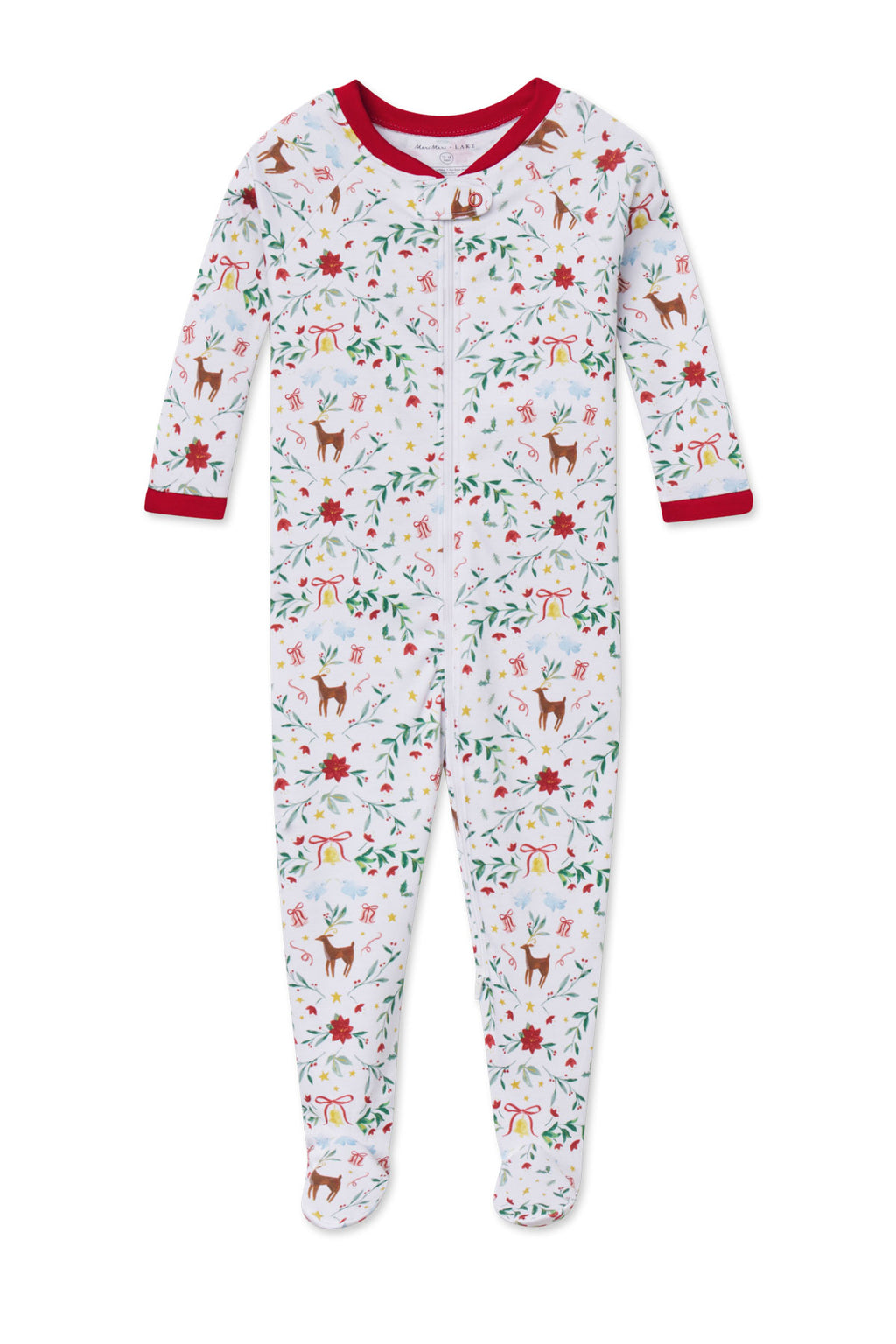 Infant one-piece sleeper in cream with holiday-themed print including reindeer, poinsettias, and gift boxes, red trim and fee