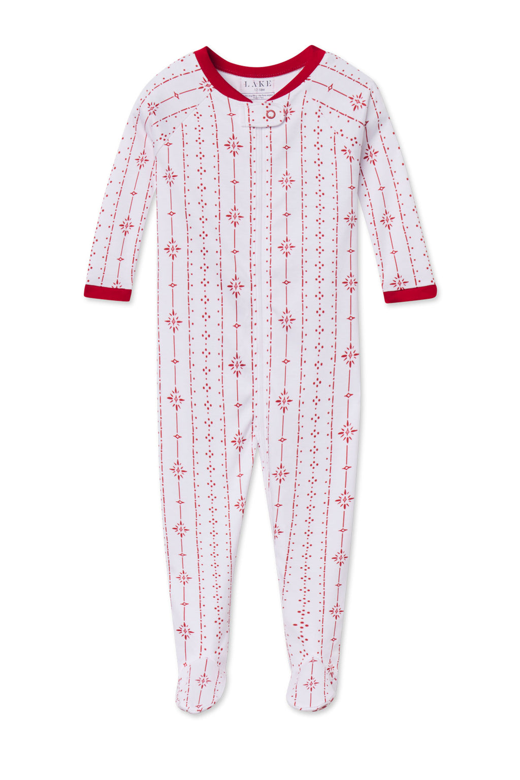 Infant long-sleeve sleeper with red and white striped pattern featuring stars and geometric designs, red neckline and cuffs, 