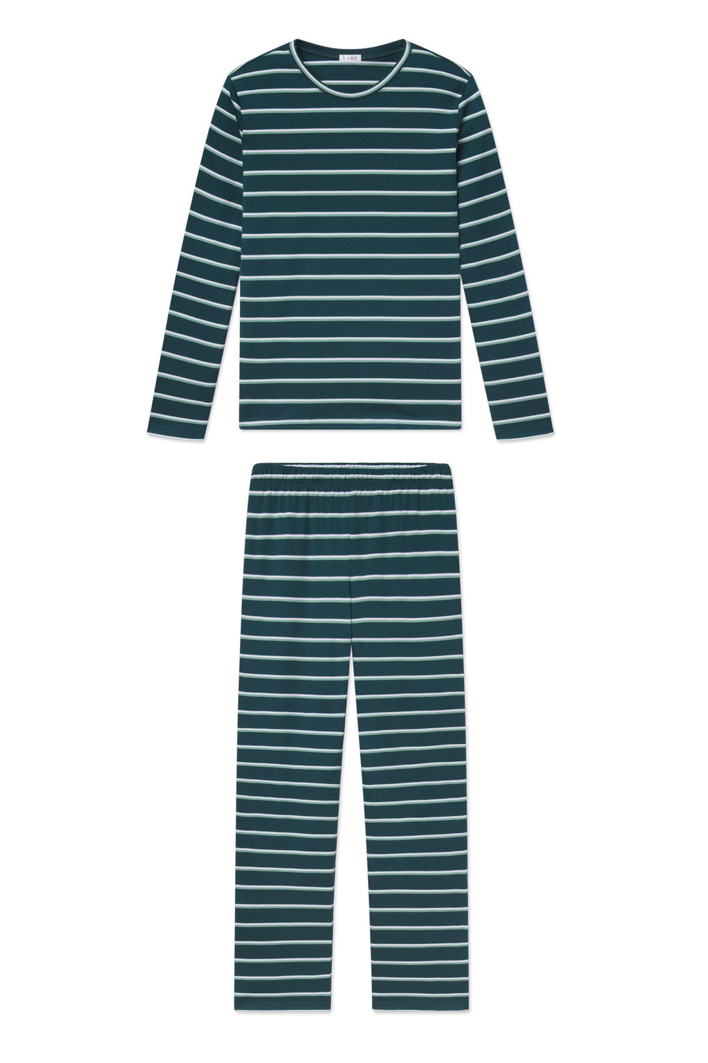 Dark teal and white striped long-sleeve crew neck top and matching pants set.