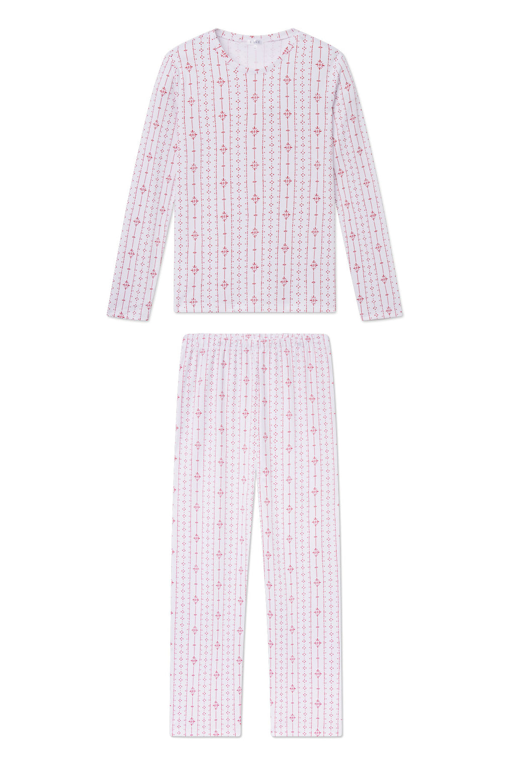 Light pink long-sleeve crew neck top and pants set with red geometric striped pattern throughout.