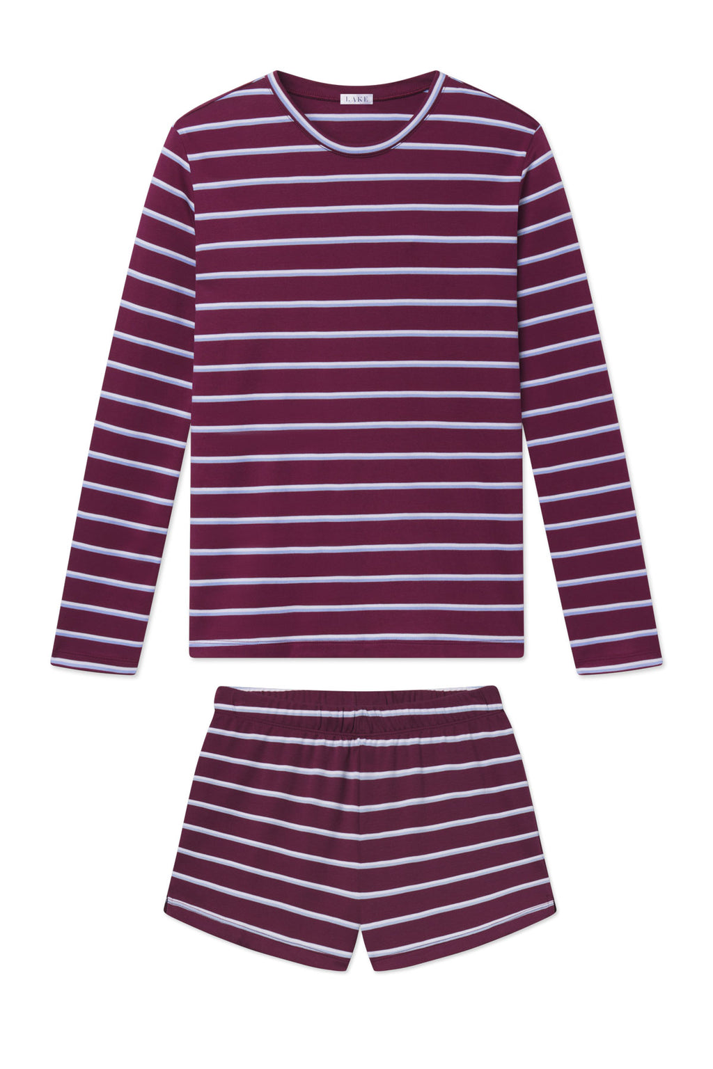 Burgundy and light blue striped long-sleeve crew neck shirt and matching shorts set.