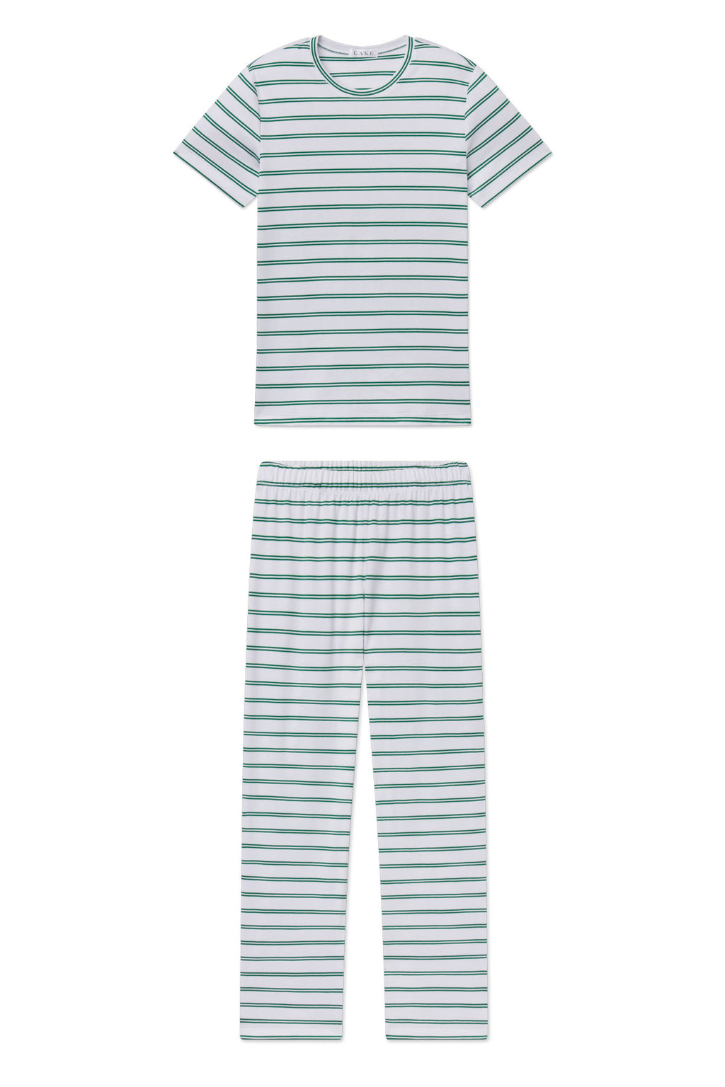 Green and white striped short-sleeve crew neck t-shirt with matching long striped pants.