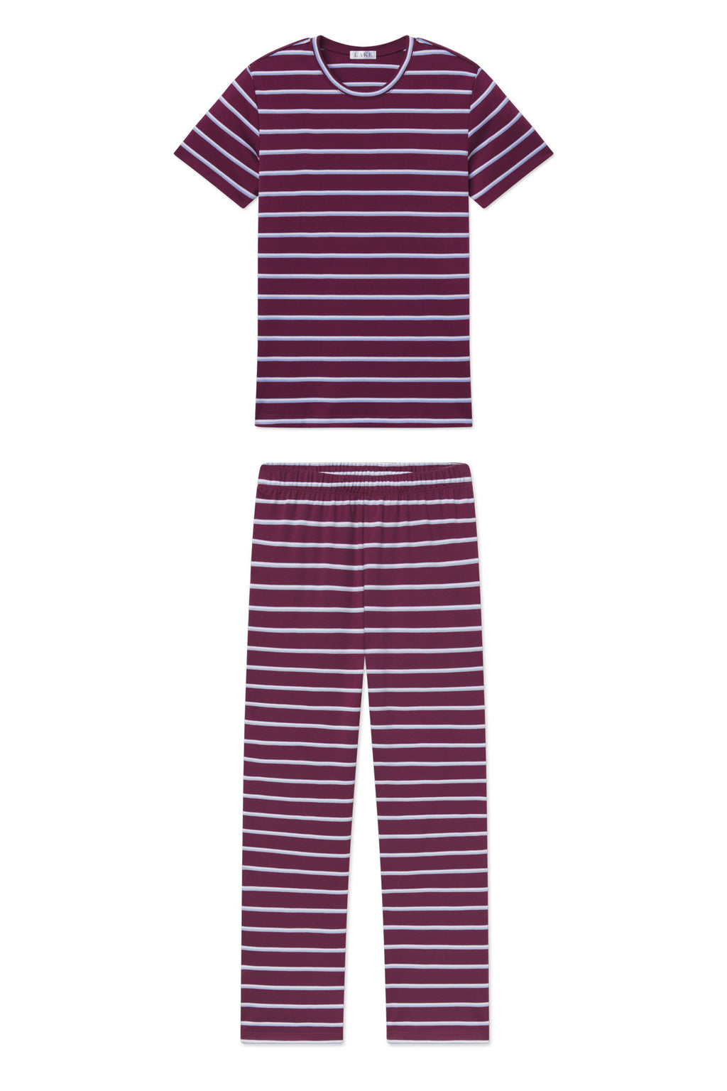 Two-piece pajama set with burgundy and light blue horizontal stripes, short-sleeve crew neck top and long pants.