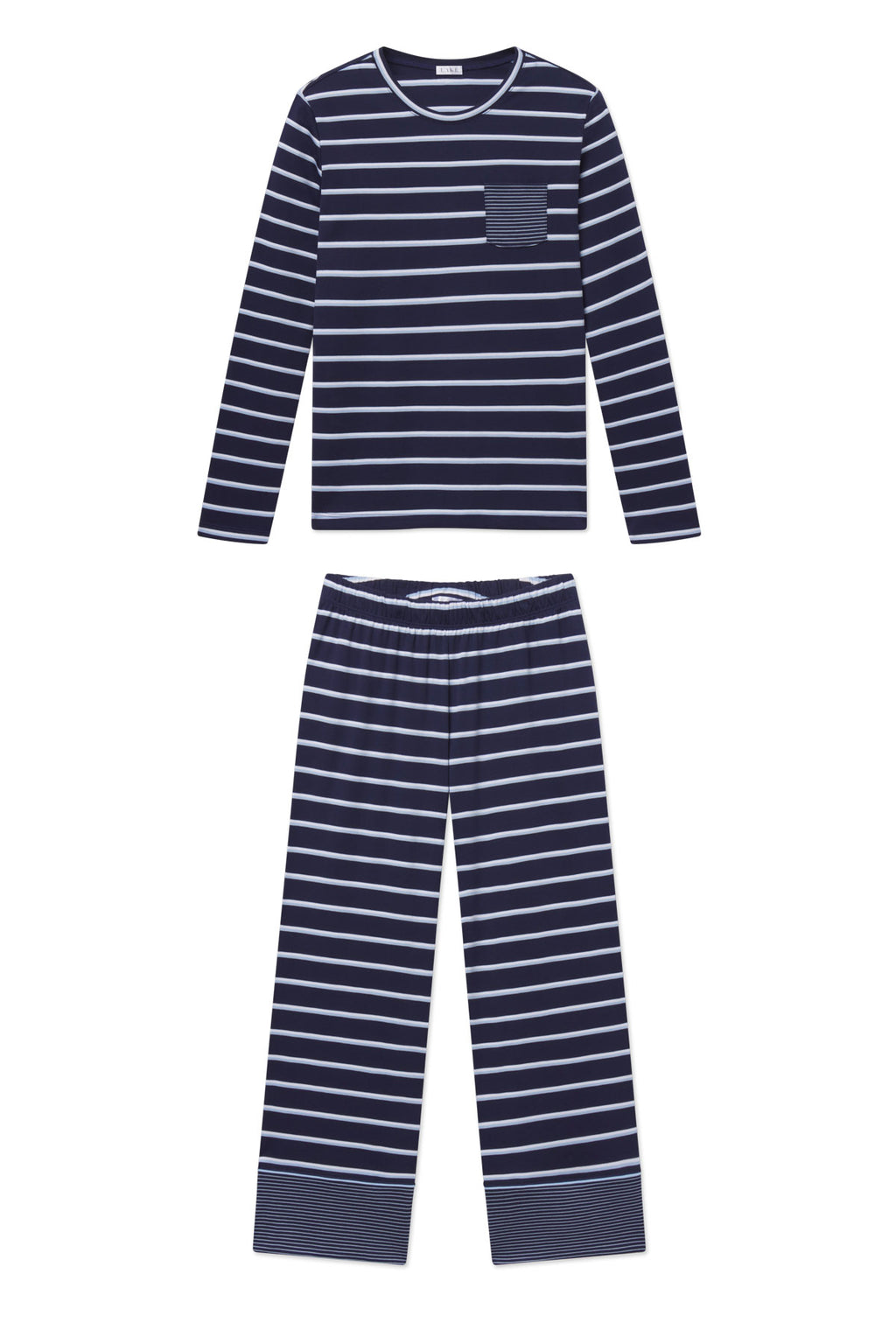 Navy and white striped long sleeve pajama set with crew neckline and wide leg pants.