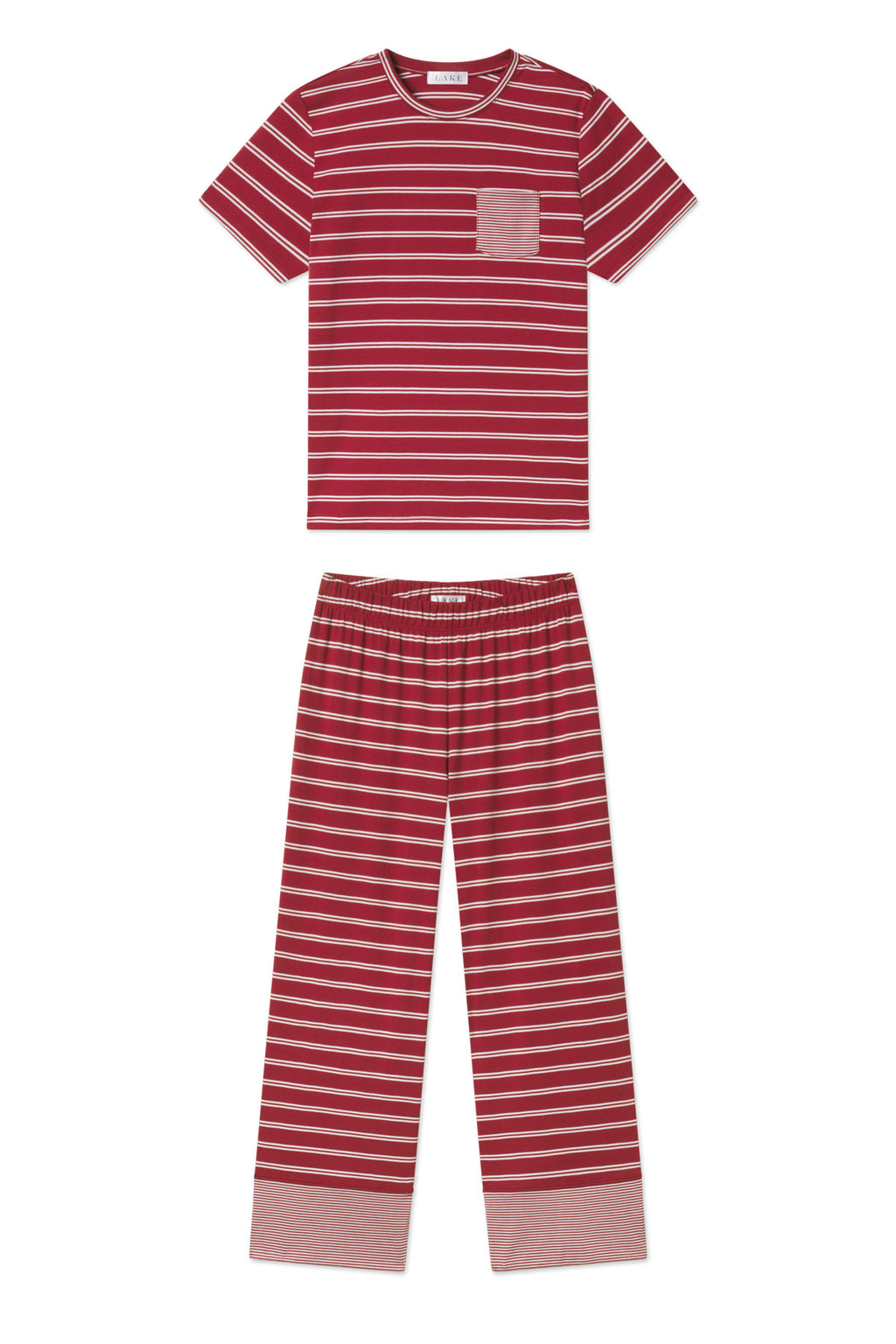Garnet and white striped short-sleeve pajama top with chest pocket and matching wide-leg pants with striped cuffs.