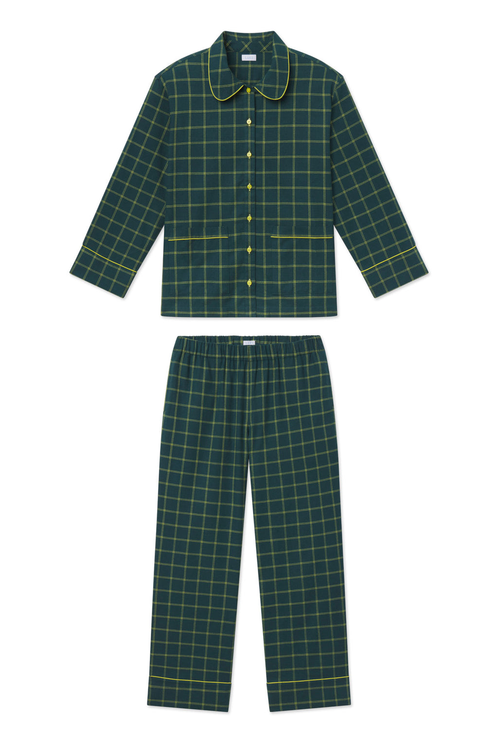 Two-piece flannel pajama set in dark green and yellow windowpane plaid with button-front shirt and elastic-waist pants.