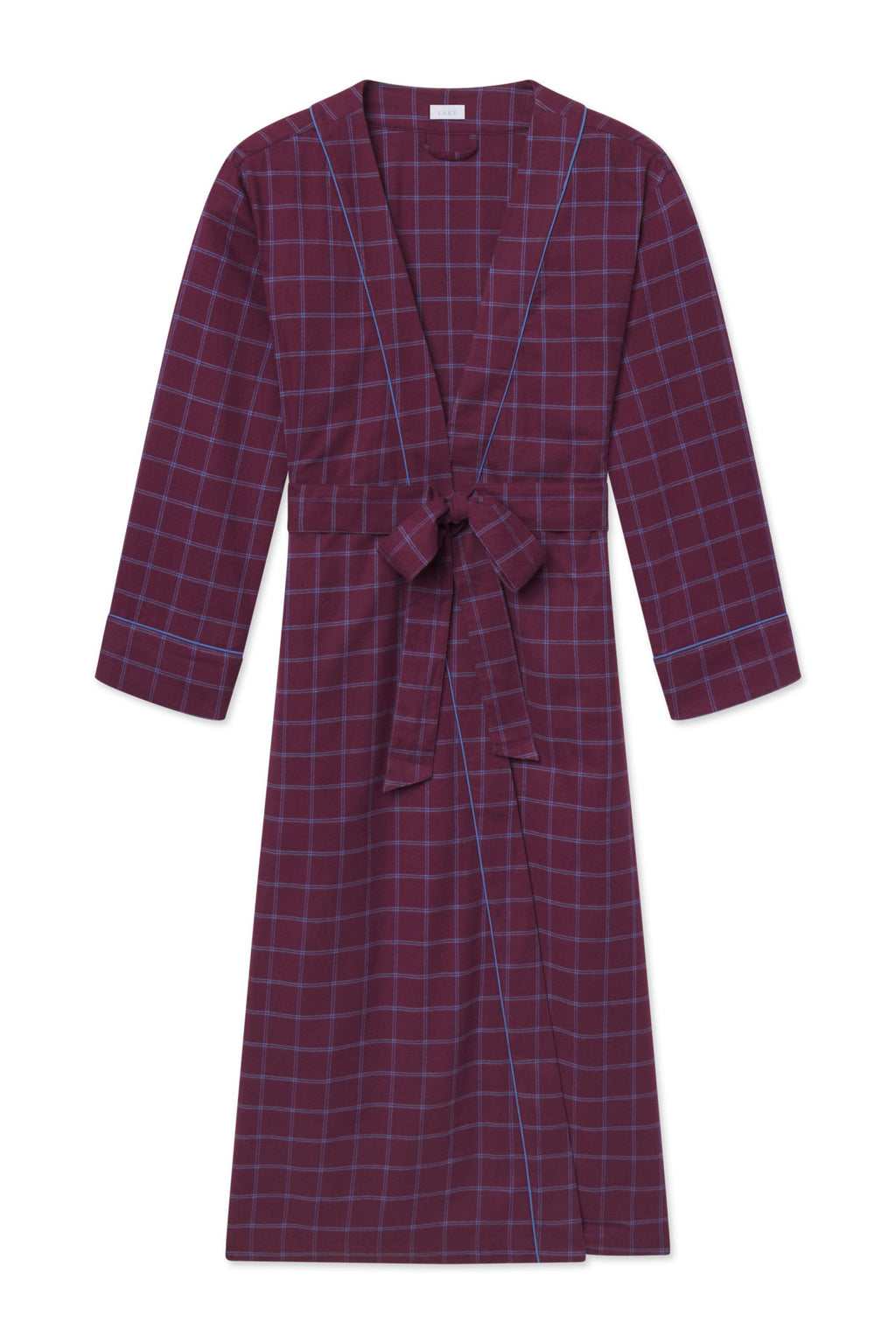 Burgundy flannel robe with blue windowpane plaid pattern, wrap front, and tie belt.