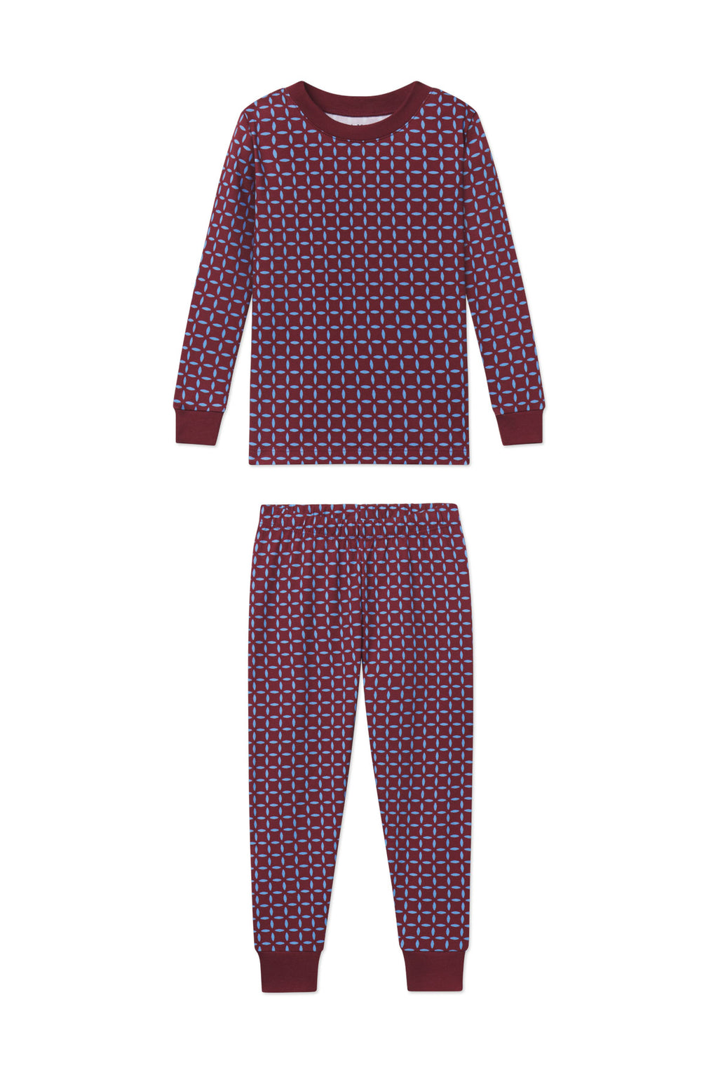 Burgundy long-sleeve top and pants set with blue and red starburst pattern and ribbed cuffs.