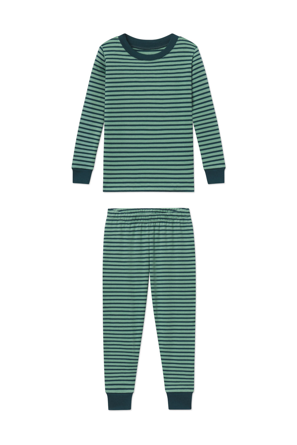 Kids long-sleeve striped pajama set with light and dark green horizontal stripes and dark ribbed cuffs.