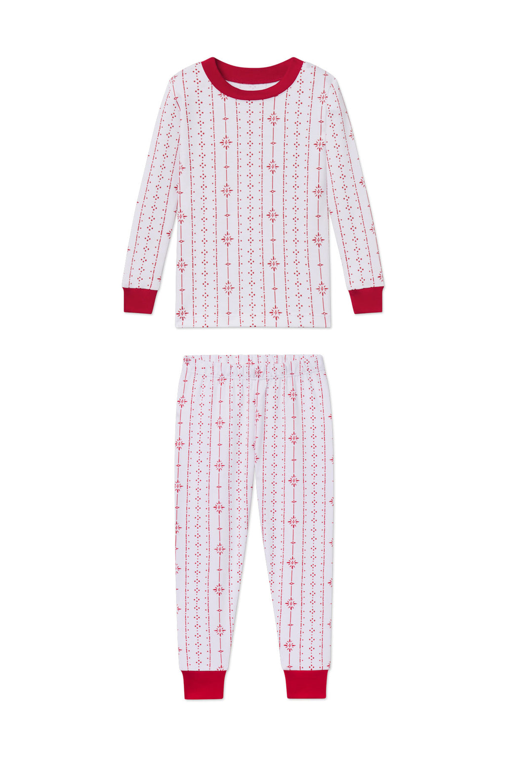 Kids two-piece pajama set with red and white striped pattern, long sleeves, and red ribbed cuffs and neckline.
