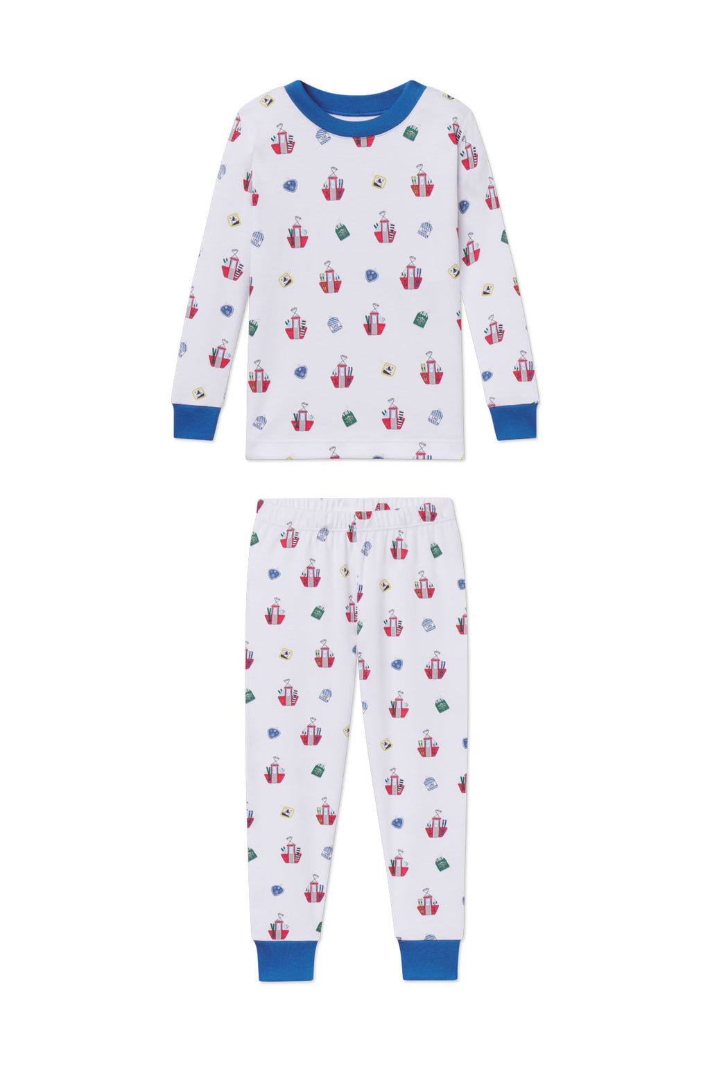 Kids long-sleeve pajama set with ski lift and winter accessory print on white, blue ribbed cuffs and neckline.