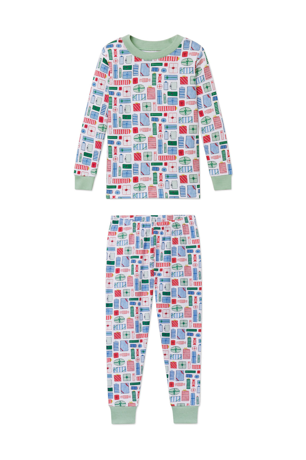 Kids long-sleeve pajama set with gift box print in red, blue, and green on cream, featuring green ribbed cuffs and neckline.