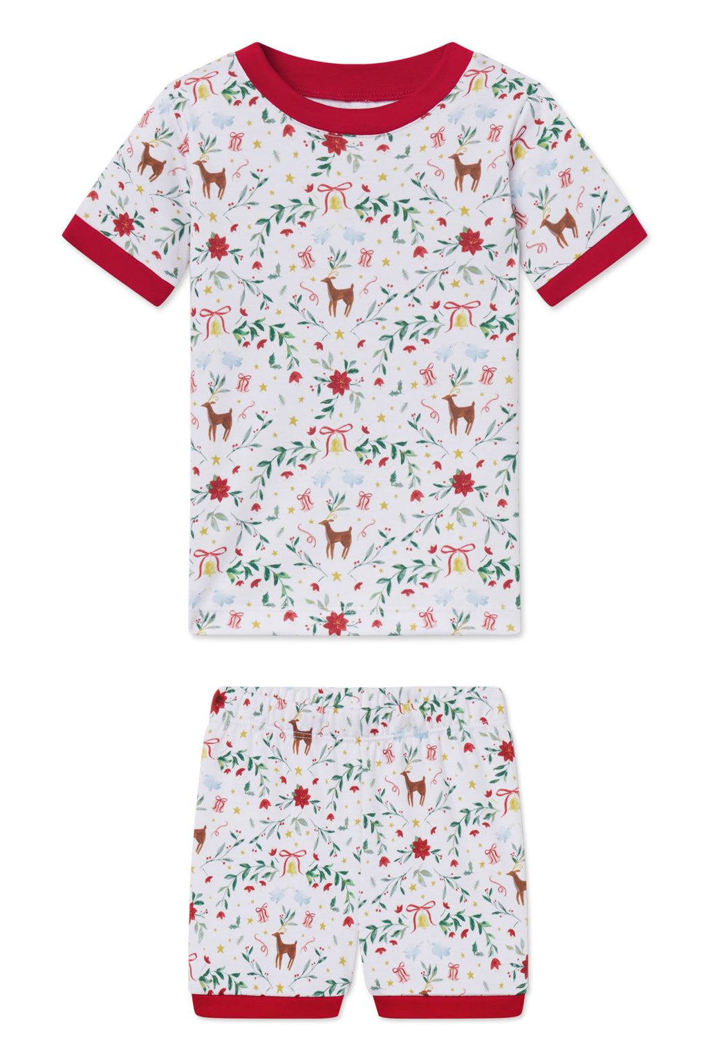 Short-sleeved t-shirt and shorts set with red trim, featuring festive print with reindeer, florals, stars, and gift boxes on 