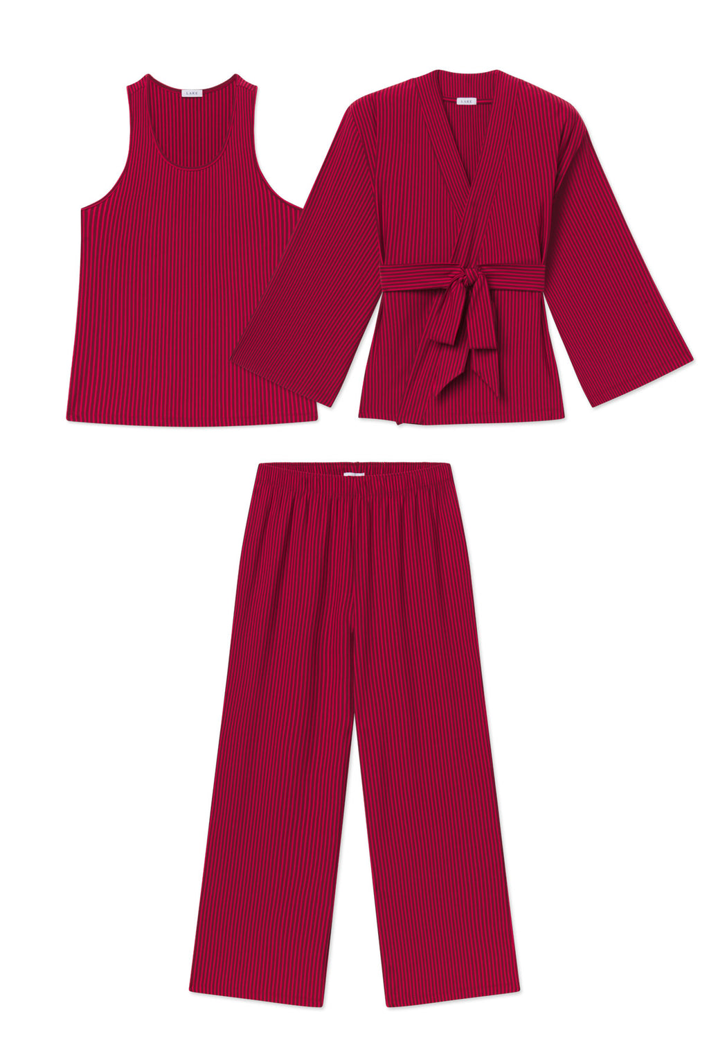 Burgundy ribbed three-piece set with sleeveless tank top, belted kimono jacket, and wide-leg pants.
