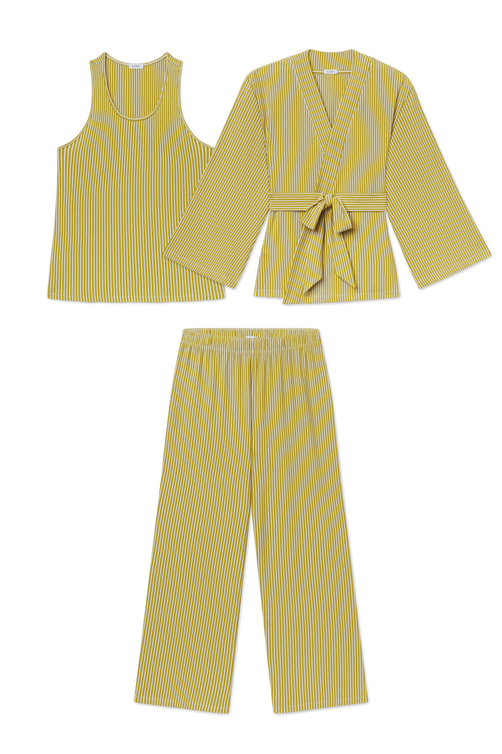 Three-piece set with yellow and green vertical striped tank top, matching kimono jacket with tie waist, and matching wide-leg