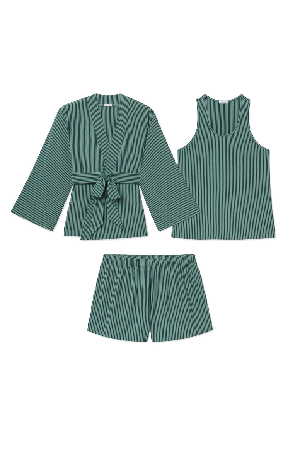 Three-piece set in boxwood pencil stripe: kimono jacket with tie belt, sleeveless tank top, and shorts.