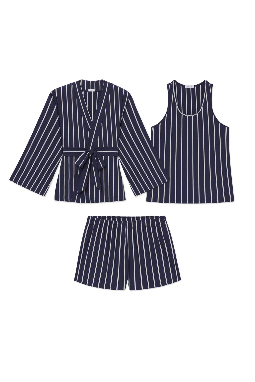 Three-piece set in navy with white pinstripes: wrap kimono top with tie closure, sleeveless tank top, and shorts.