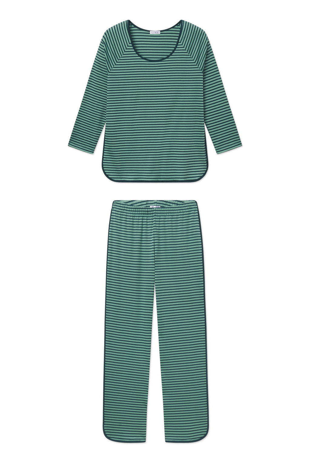 Dark sea and light green striped long-sleeve top and matching pants set.