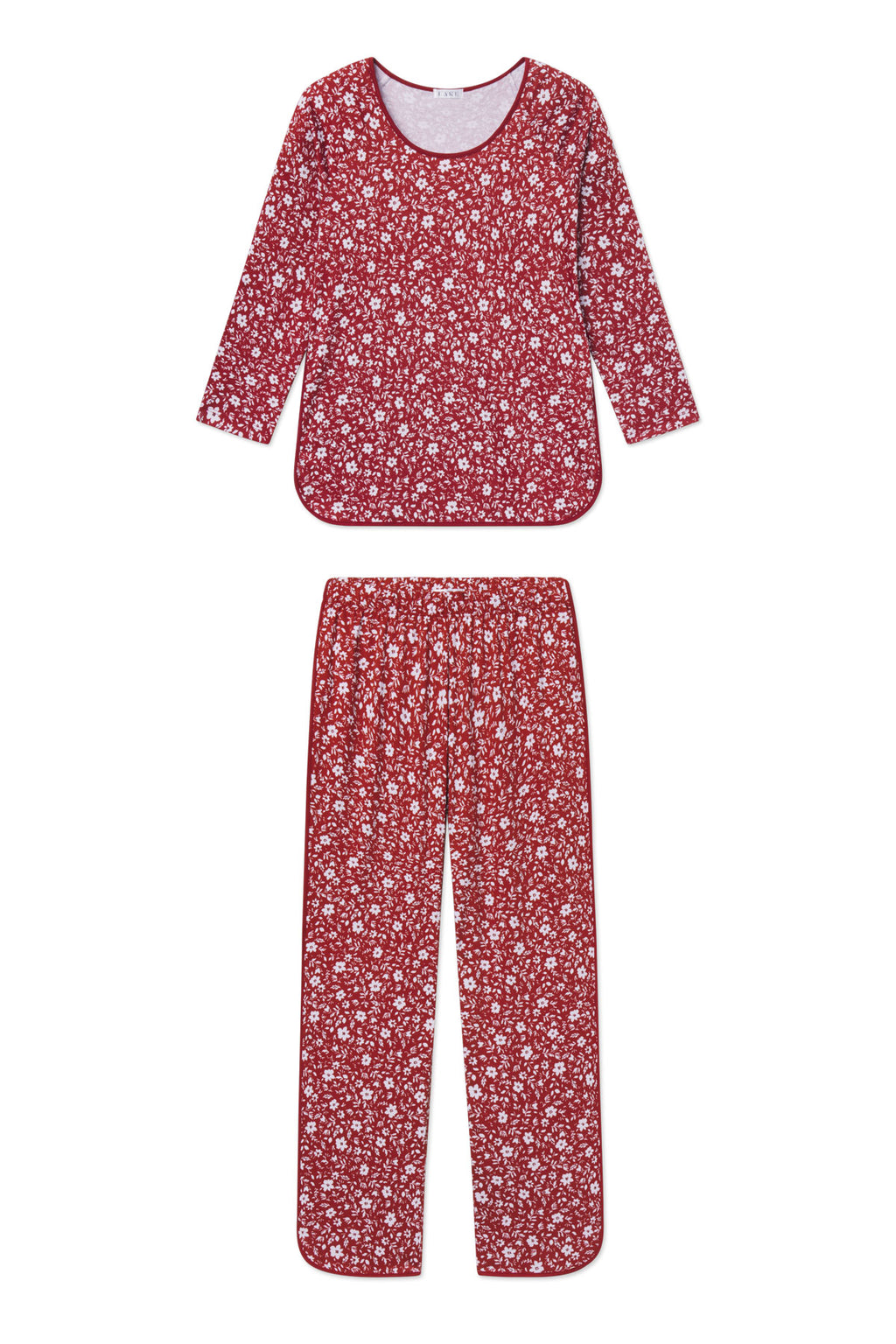 Garnet red long-sleeve top and pants set with white floral print throughout.
