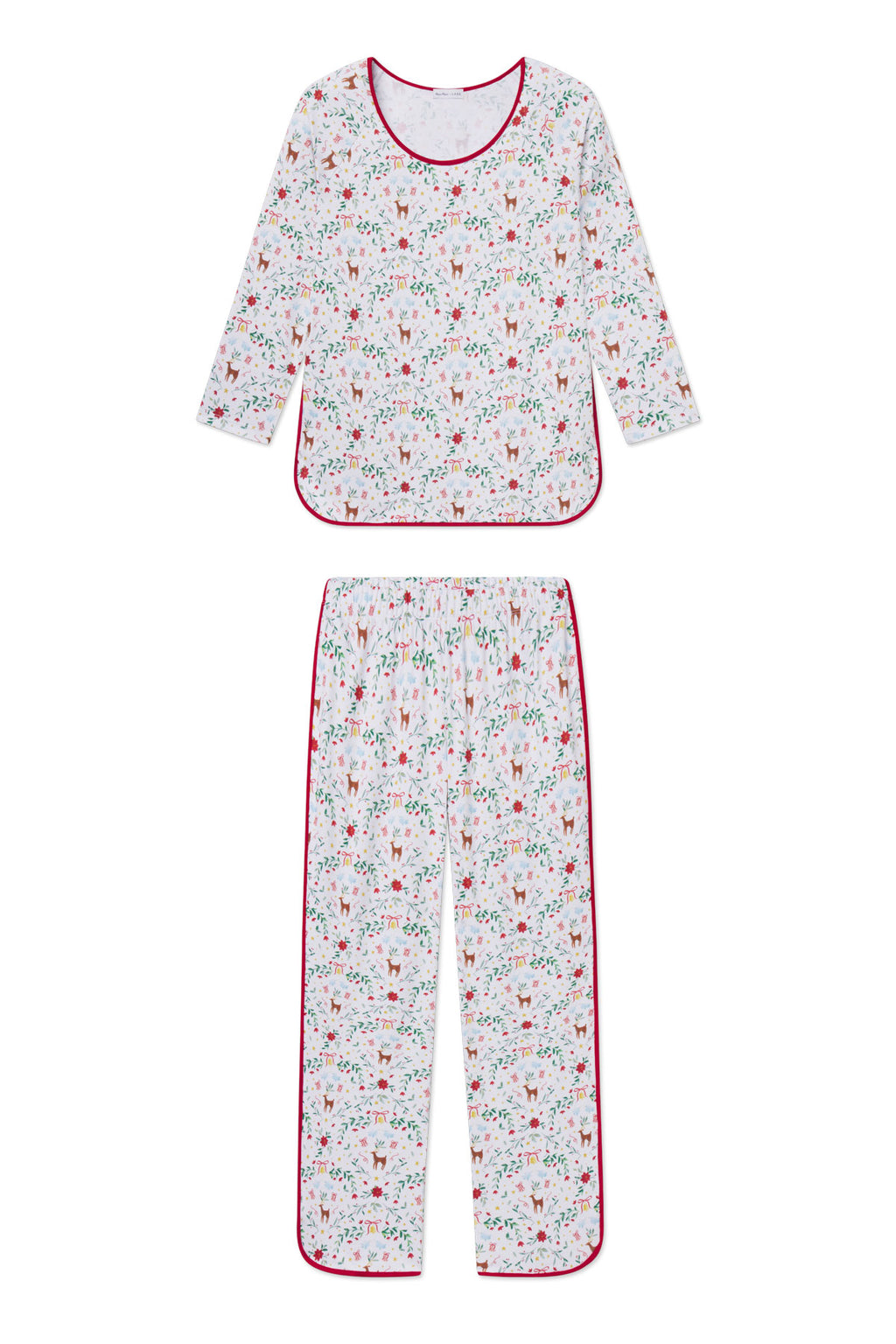 Long-sleeve pajama set with festive print featuring reindeer, florals, and berries with red trim.
