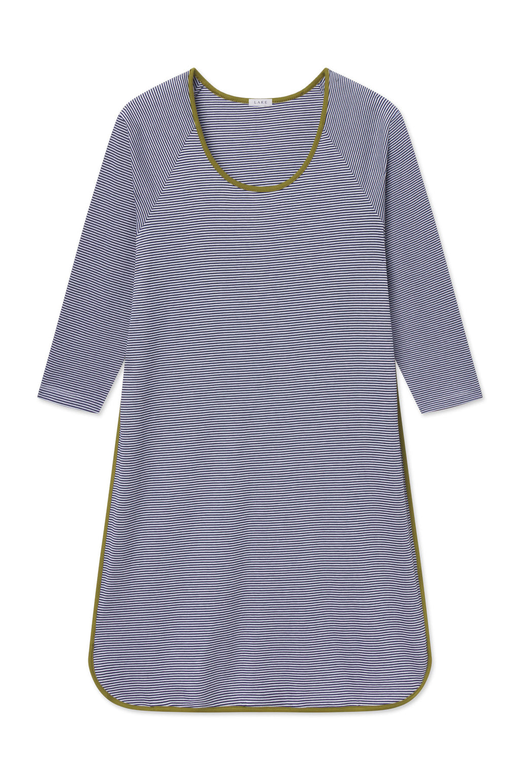 Navy and white striped long sleeve nightgown with olive trim and scoop neckline.