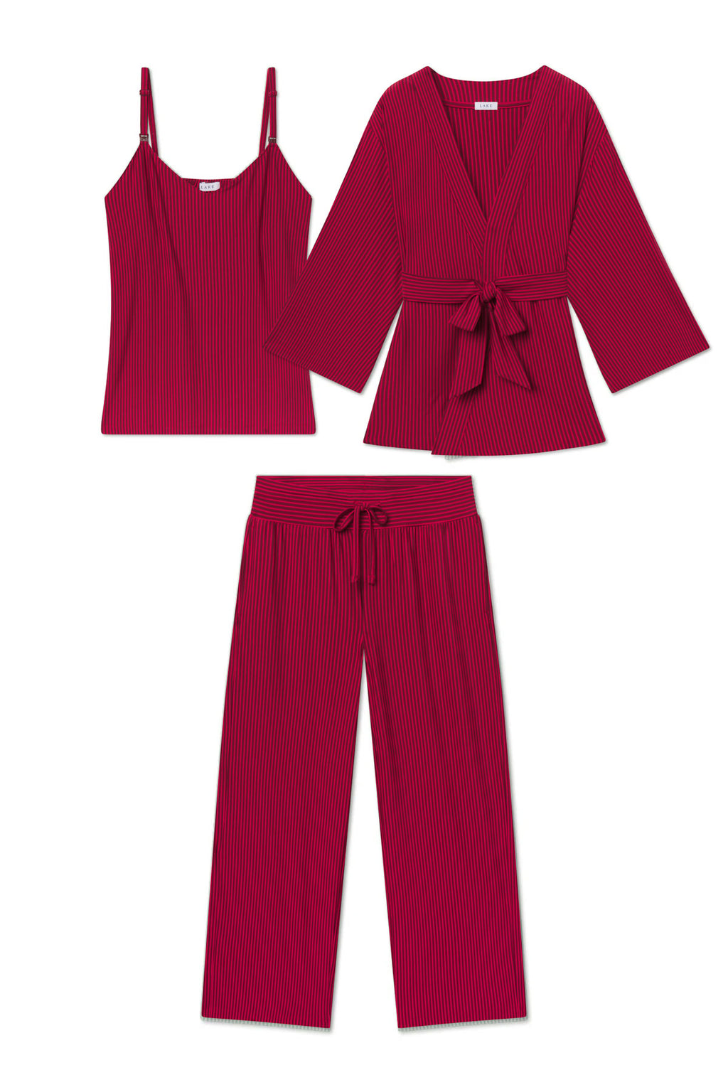 Burgundy three-piece maternity set with ribbed texture including camisole, wrap kimono with tie belt, and wide-leg pants.