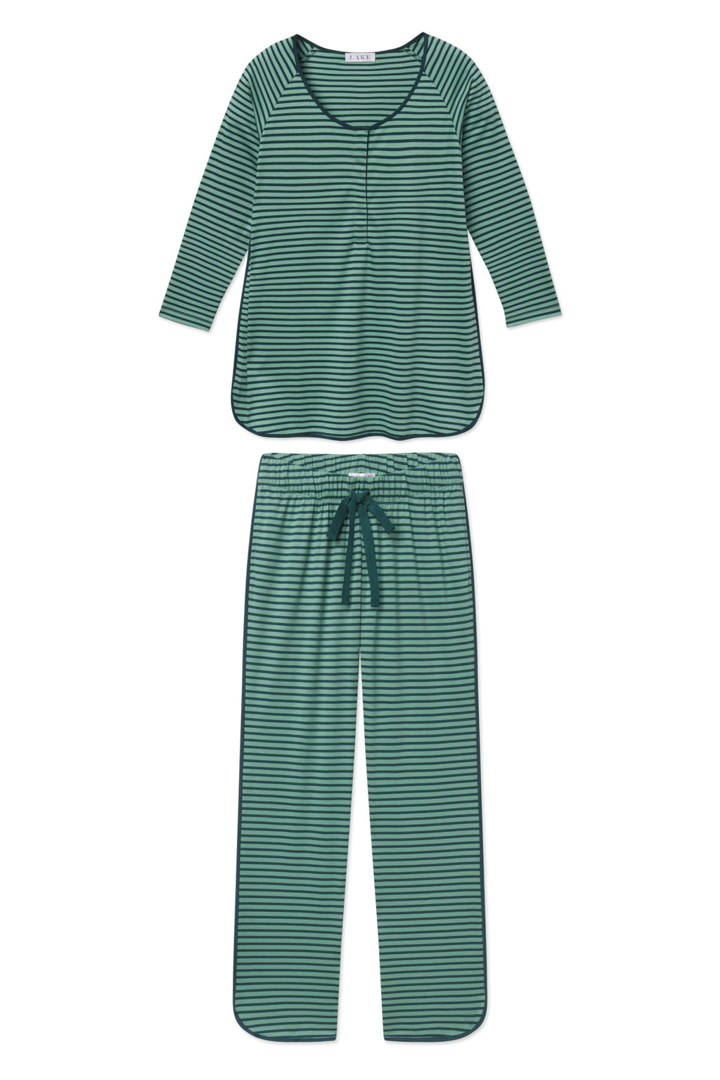 Two-piece maternity sleepwear set in teal and white horizontal stripes with three-quarter sleeve top and drawstring pants.