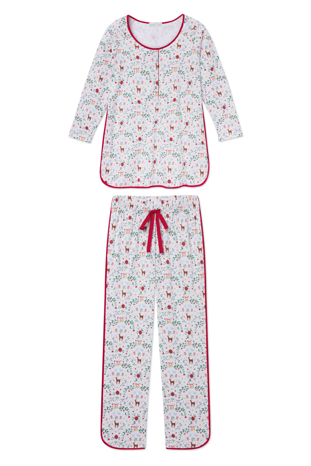 Two-piece maternity pajama set with long sleeves and pants in light gray with red trim, featuring small holiday-themed print 