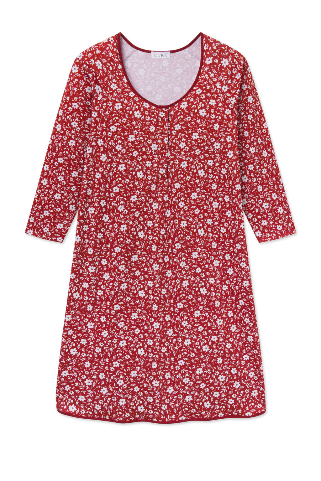 Garnet long-sleeve nightgown with white floral print and V-neckline.