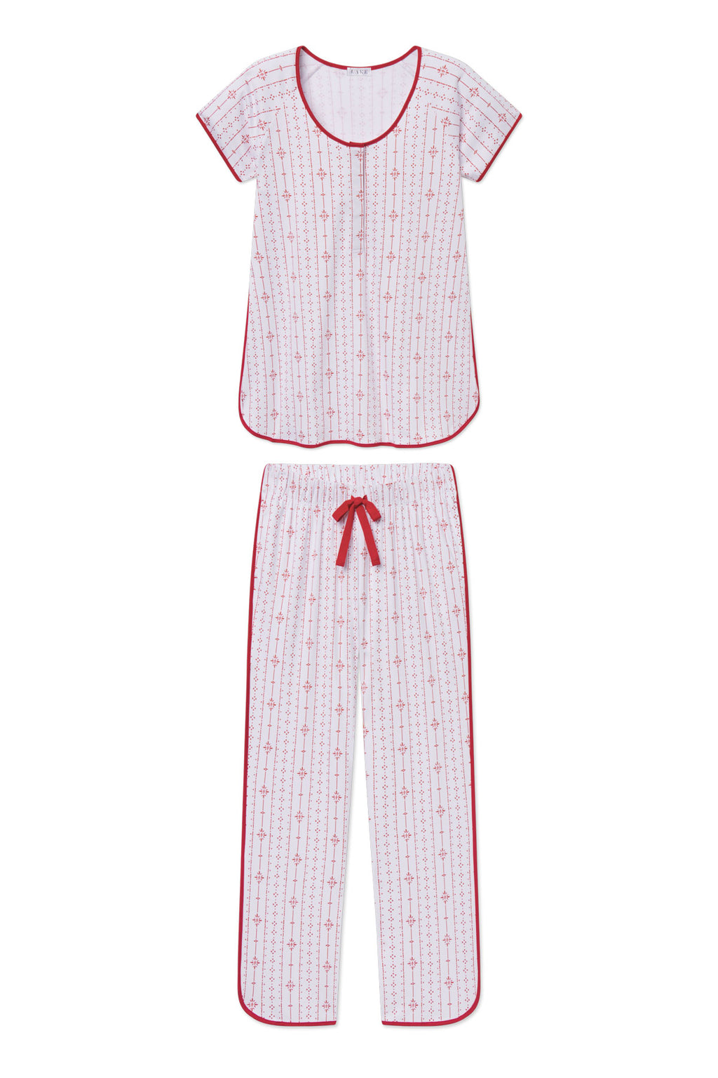 Maternity pajama set with red striped short-sleeve top and long pants on white background with red trim and drawstring waist.