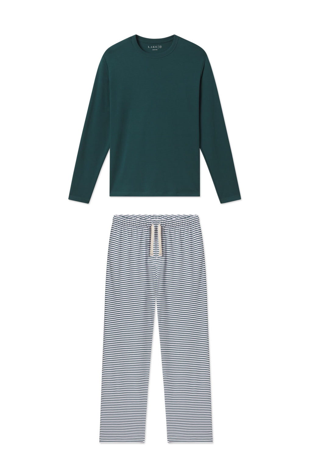 Dark teal long-sleeve shirt with matching striped pajama pants in navy and white horizontal stripes.