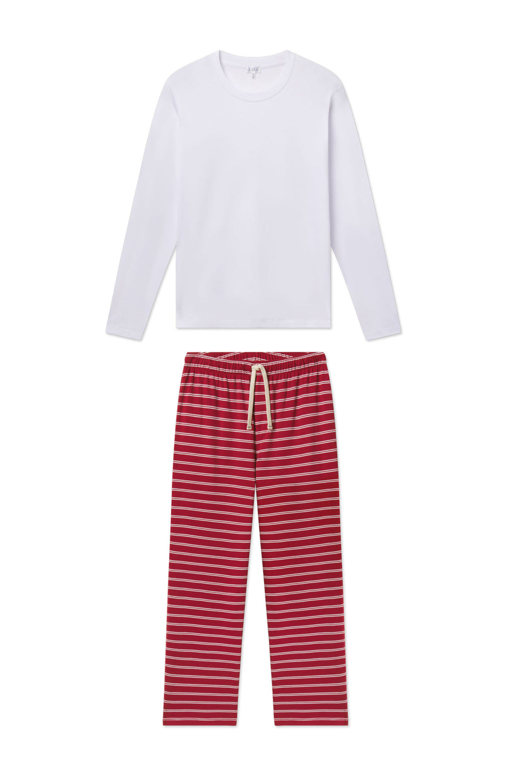 Lavender long-sleeve shirt paired with red and white striped pajama pants with drawstring waist.