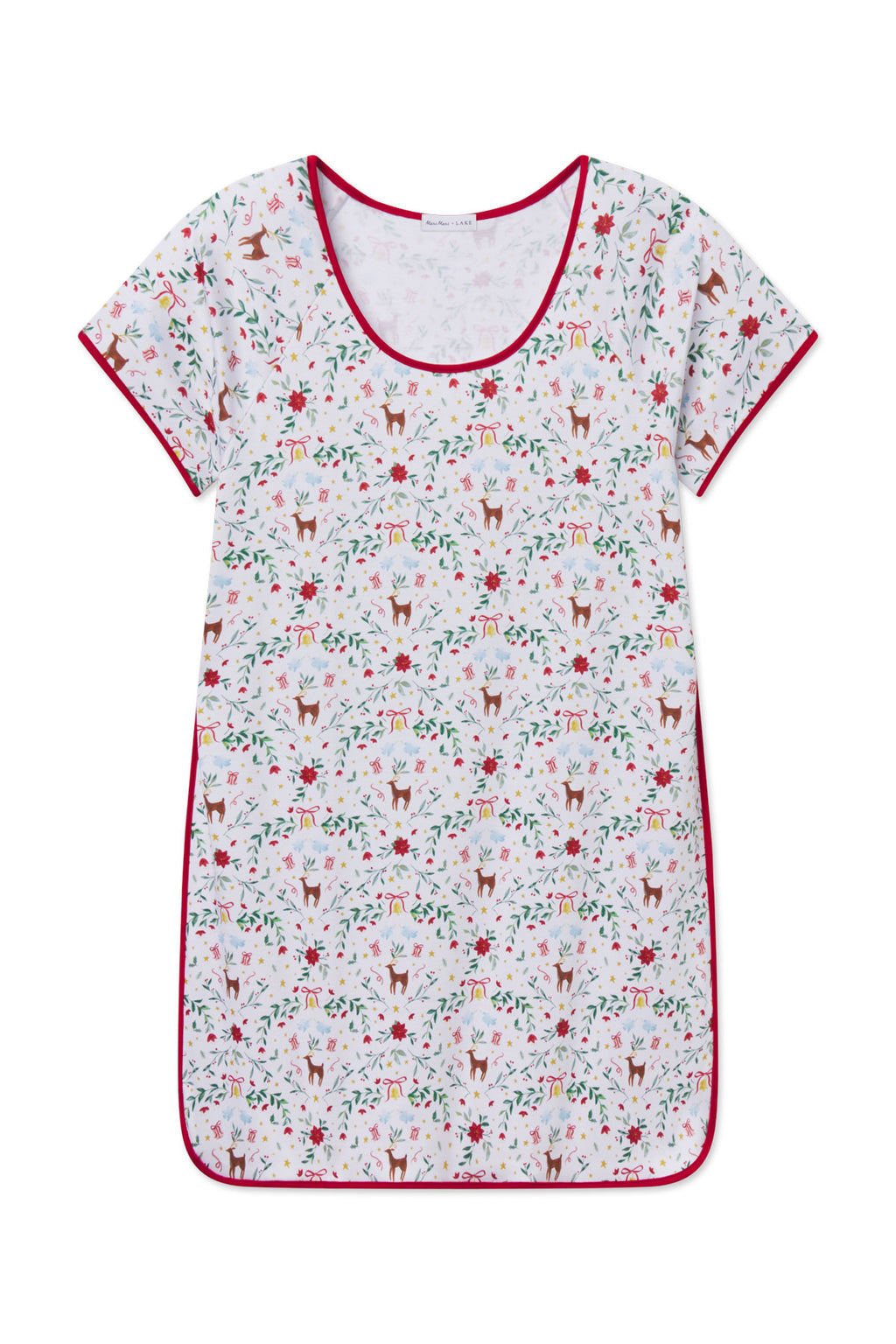 White short-sleeve nightgown with red trim and festive print featuring reindeer, poinsettias, and holiday motifs.