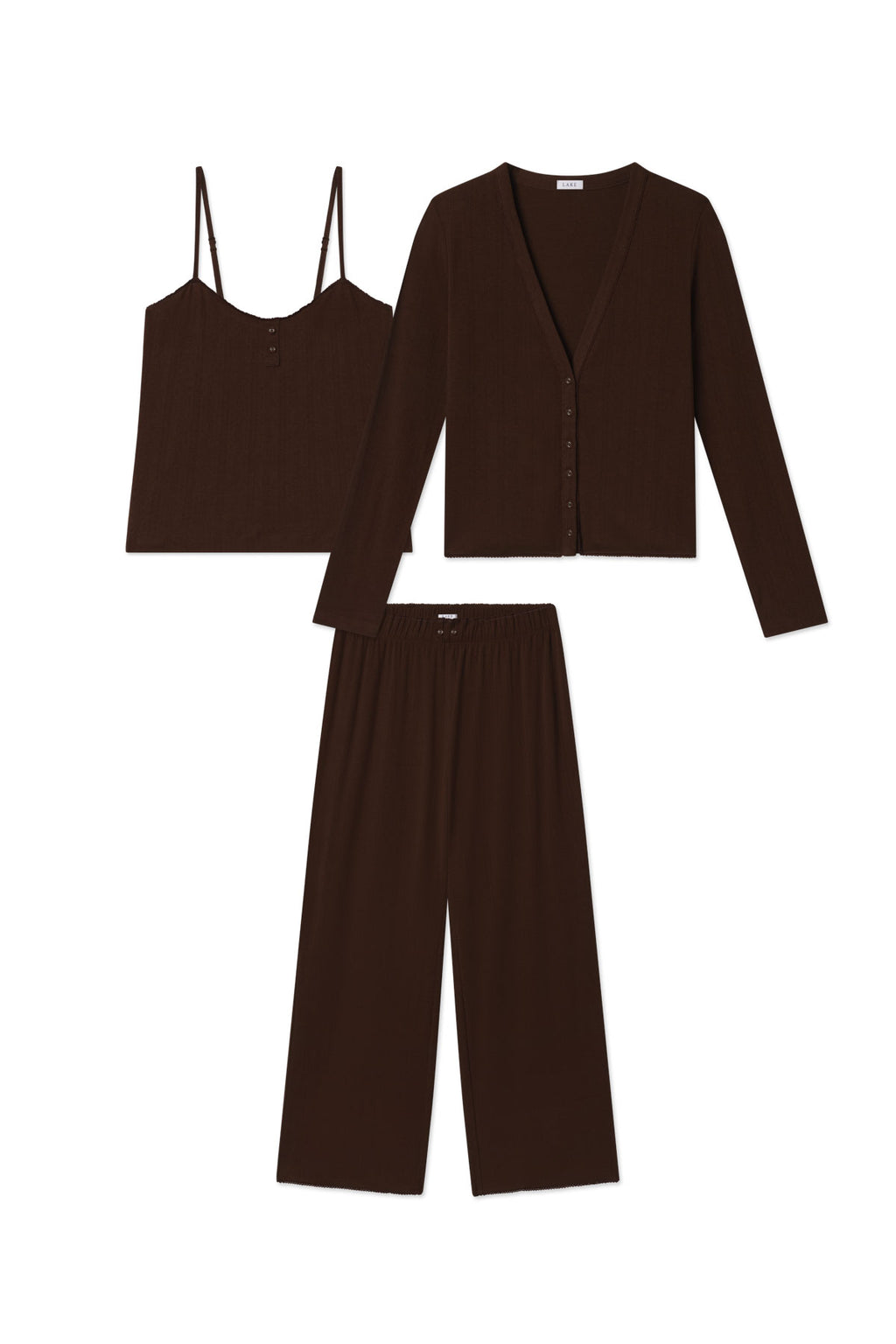 Cocoa brown three-piece set with pointelle cardigan, camisole, and wide-leg pants displayed flat.