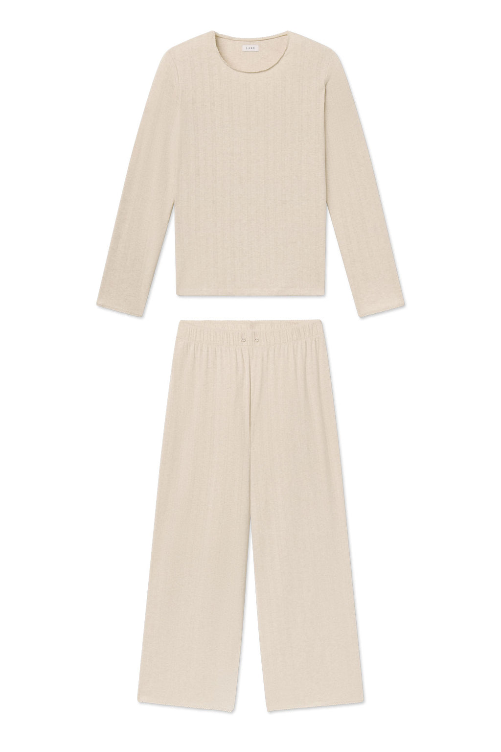 Oat heather pointelle long-sleeve top and wide-leg pants set displayed flat on white background.