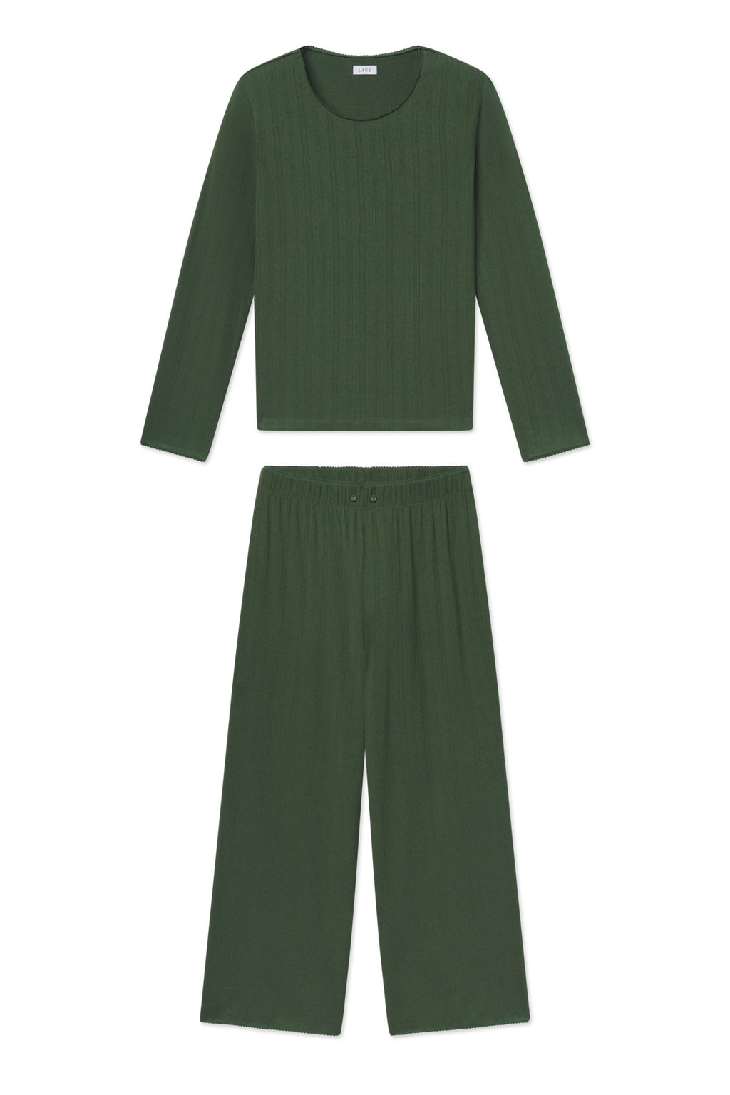 Rosemary green pointelle long-sleeve top and wide-leg pants set displayed on white background.